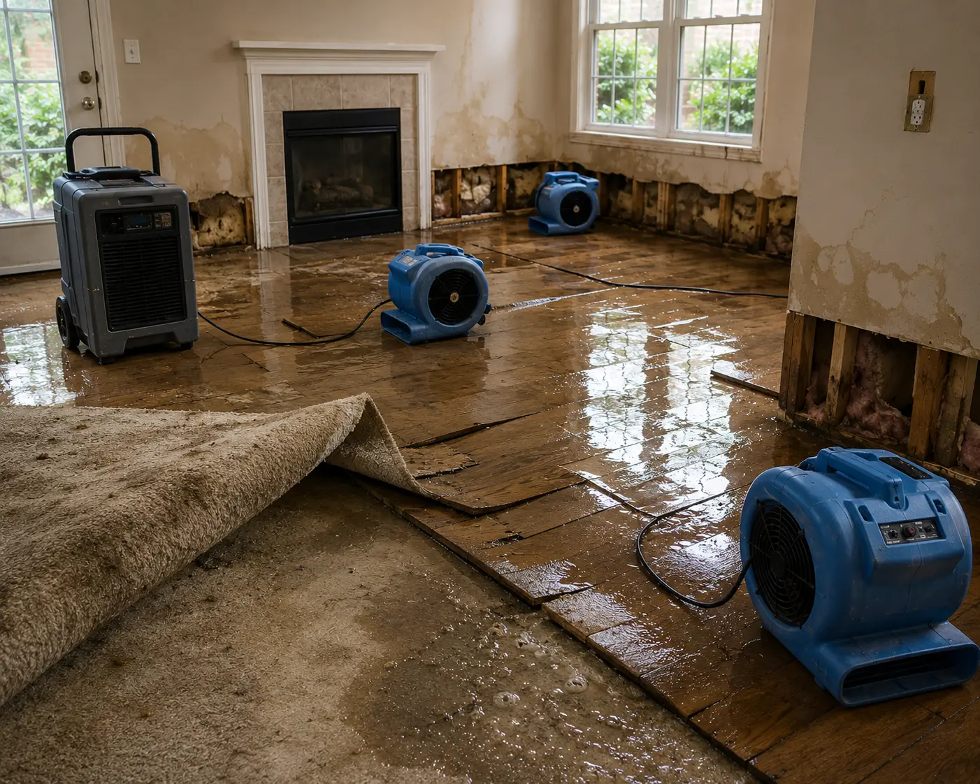 Water restoration technicians drying a damaged Charlotte property